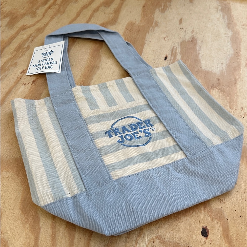 Trader Joe’s, mini canvas tote bag in blue / seafoam stripes - Picture 4 of 4